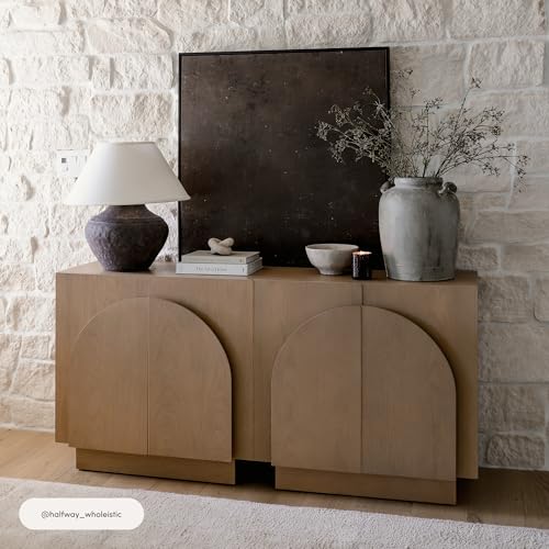 Image of Nathan James Iris Mid-Century Modern Buffet Sideboard Credenza TV Stand, Wood Storage Cabinet with Arched Doors for Kitchen or Living Room, Raw Oak, Set of 4