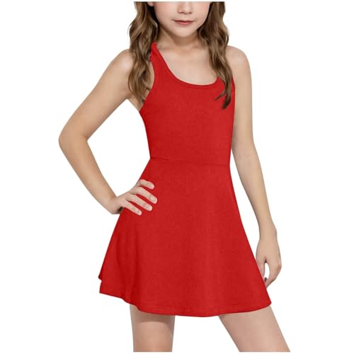 Girls Sports Tank Dress Sleeveless Crewneck High Waist A-line Casual Swing Summer Tennis Athletic Dresses (Red, 8-9 Years)
