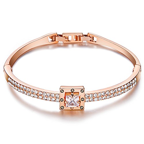 Fasion Jewelry Spiritual Guidance Bangle Bracelets For Women 18K Gold Plating Adjustable Bracelets with Crystal for Wife Girlfriend or Mothers, Rose Gold White