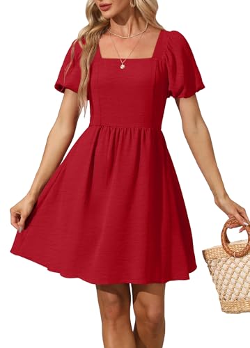 OFEEFAN Puff Sleeve Dress for Women Summer Short Sleeve Chiffon Casual Dresses Square Neck Red M