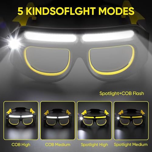 YNPQTDS Gafas con luz LED | 5 modos de linterna frontal recargable | Gafas de ciclismo iluminadas, para trabajo, actividades nocturnas, camping, conducción, ciclismo, correr, - imagen 5