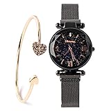 Fashion Black Ladies Watch Magnetic Mesh Band Starry Sky Dial Analogue Quartz Wrist Watch...
