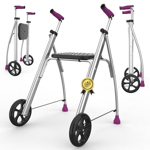INDESmed - Andador Plegable con Asiento de Aluminio para ancianos, personas con movilidad reducida o rehabilitación. Ajuste preciso, Mango antitendinitis y antideslizante, 2 Ruedas (Morado)