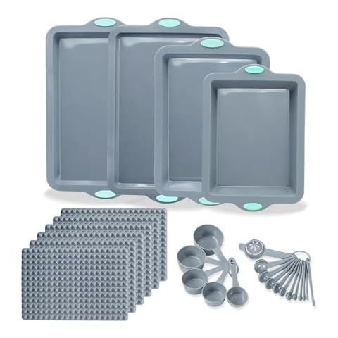 To encounter 27 Pieces Silicone Baking Pans Set, Metal Framed Silicone Oven Pans, Stackable Bakeware Sets, Including Cookie Sheet, Cake Pans, Baking Mats, Measuring Cups and Spoons, Light Grey Cover