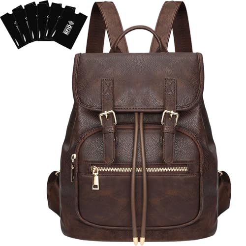 Leathario Mochila Mujer Elegante de Cuero Vegano, Antirrobo con 6 Fundas RFID Incluidas, Mochila Casual Impermeable para Universidad, Viajes y Uso Diario, Regalo Mujer