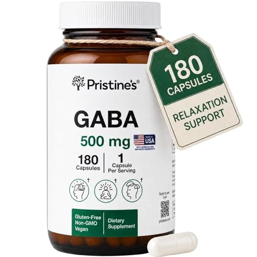 PRISTINES GABA 500mg Sleep Quality Support Supplement - 180 Day Supply - Calm Mind & Relaxation Sleep Support Capsules Glass Bottle