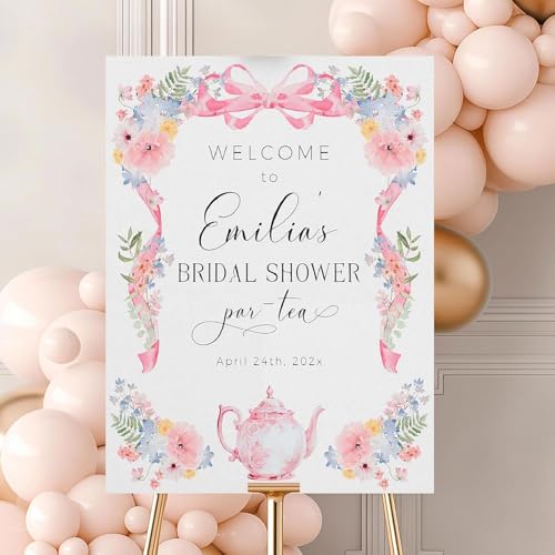 Rustic Par-Tea Bridal Shower Sign Wildflower Tea Party Poster with Bow Vintage Floral Frame Decor Elegant Bridal Tea Signage for Wedding Shower Garden Party Whimsical Rehearsal Event Decoration