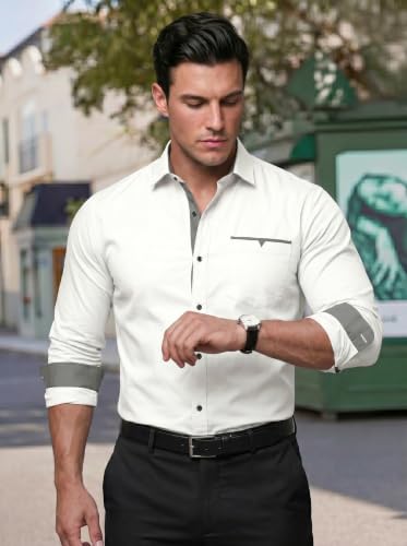 Image of Men's Cotton Blend Shirt with Solid Long Sleeves Spread Coller Neck Regular Fit Single Chest Pocket and Standard Length | Cotton Casual Shirt for Man