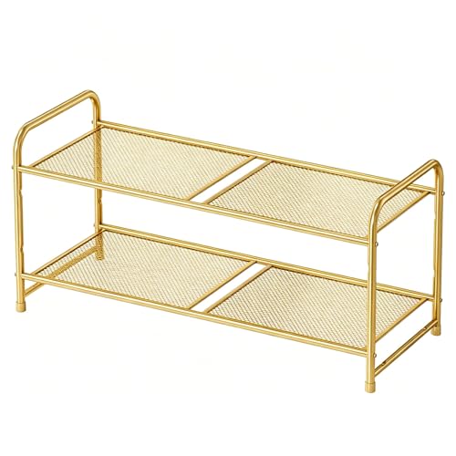 Image of Modern Shoe Rack, 2 Tier Heavy Duty Metal Mesh Shoe Shelf 27 Inch Wide, Gold