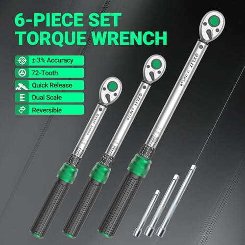 Image of 3-Piece Torque Wrench Set - 3 Click Wrenches (1 /4 inch, 3 /8 inch, 1 /2 inch) with 3pc Extension Bars, 72-Tooth Ratchet, ±3% Accuracy, for Automotive, Motorcycle & E-Bike