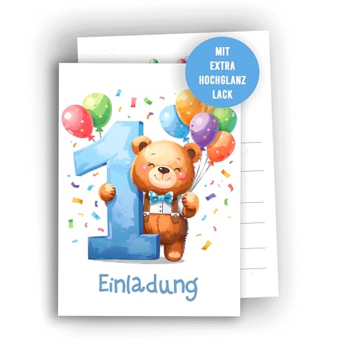 Edition Colibri Einladungskarten 1. Geburtstag Junge und Mädchen – 10er Set Bär mit bunten Ballons – Einladungen für Kindergeburtstag, A6