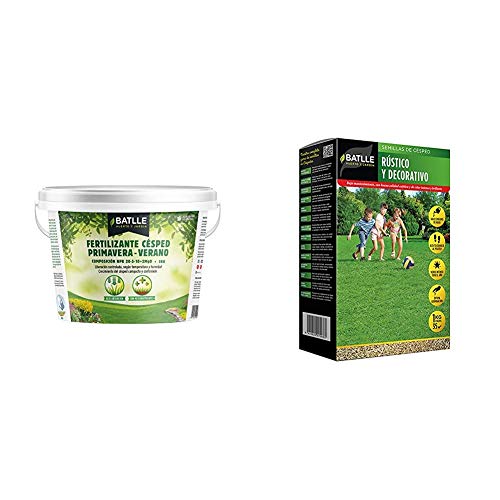 Abonos - Fertilizante Cesped Primavera-Verano Cubo 5kg - Batlle + Semillas de Césped - Césped Rústico y Decorativo 1Kg - Batlle
