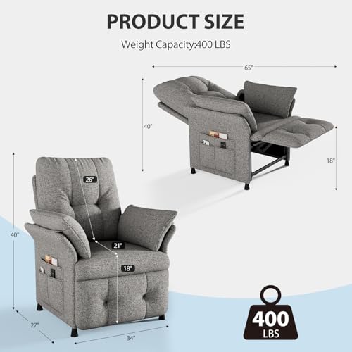 Image of Power Recliner Chair for Adults with Heat & Massage - Linen Electric Reclining Sofa with Remote Control, 3 Side Pockets, 180 Lay Sleeper for Living Room Home Theater, Light Grey