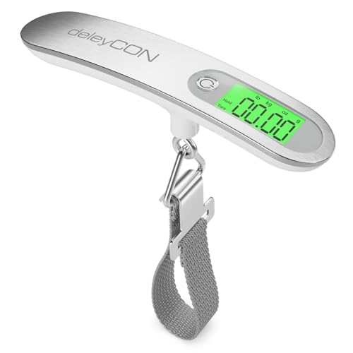 deleyCON Báscula digital de equipaje con pantalla (hasta 50 kg, incluye batería), báscula portátil con gancho para maleta de viaje, cocina, pesca, pescado, con función TARA, color plateado y blanco