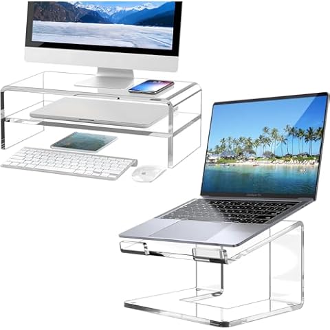 Egchi Clear Acrylic Monitor Stand Riser 2 Tier with Acrylic Laptop Stand for Desk Cover