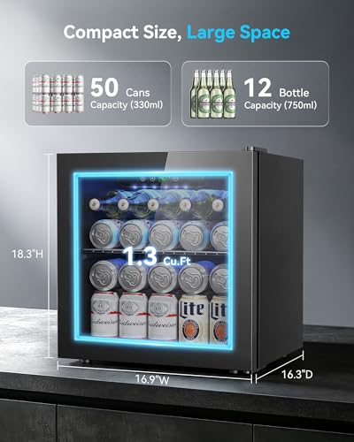 Image of Feelfunn 50 Can Beverage Refrigerator Cooler - 1.3 Cu.Ft Mini Fridge with Glass Door, Soda Beer Drink Wine Fridge, Countertop Small Refrigerator for Bedroom Office Home Dorm Bar, Black