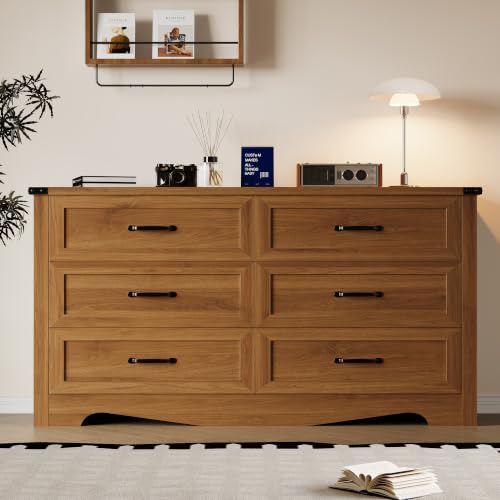 Image of BORNOON 6-Drawer Dresser for Bedroom, Modern Wooden Chest of Drawers with Metal Handles, Anti-Tipping Design, Sturdy and Stable Storage Organizer for Living Room, Entryway, Home Office