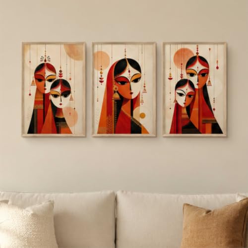 Image of Livin'luxe Set of 3 Traditional Indian Women Wall Paintings for Living Room Bedroom Home Decor with Premium Wooden Color Synthetic Frame (13.5 x 19.5 Inch) NM03-64