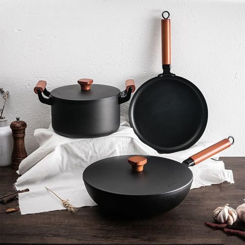 5 Piece Cast Iron Cookware Set Induction Ready Pots & Pans with Wooden Handles & Lids for Versatile Cooking Non Stick Oven Safe Perfect for Home Chefs