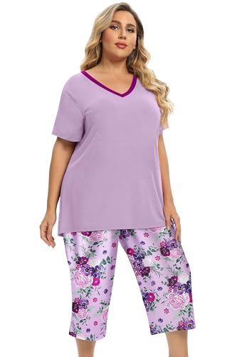 Image of Vozanet Women's V Neck Sexy Pajamas Capri Sets Mexican Style Floral Sleepwear 2PCS Totem Casual Nighty Plus Size M to 5XL