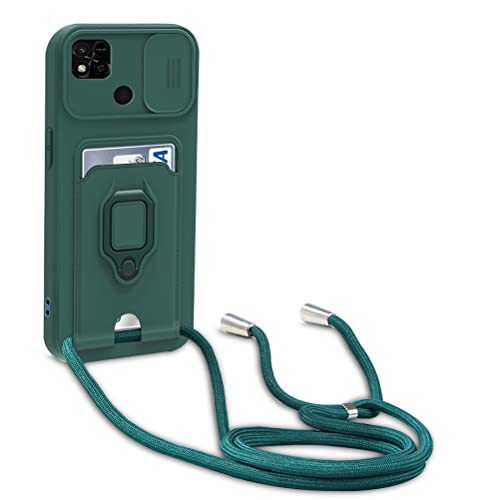 yanasuo Cover con Collana Compatibile con Xiaomi Redmi 10A/9A/9C/Xiaomi Poco C3, Cover con Pratico Cordino, Slidable Protezione Fotocamera Slot Carte 360° Anello Supporto, Verde Scuro