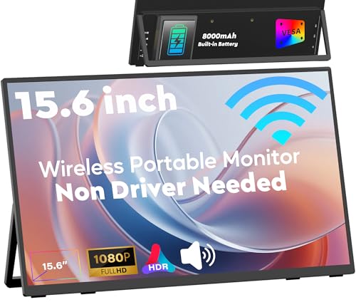 ZSCMALLS Battery Wireless Portable Monitor, 8000mAh 15.6' 1080P IPS USB-C/HDMI Second Screen, Built-in Speakers, Support AirPlay/Miracast for Laptop/Phone/Tablet/Switch/Xbox