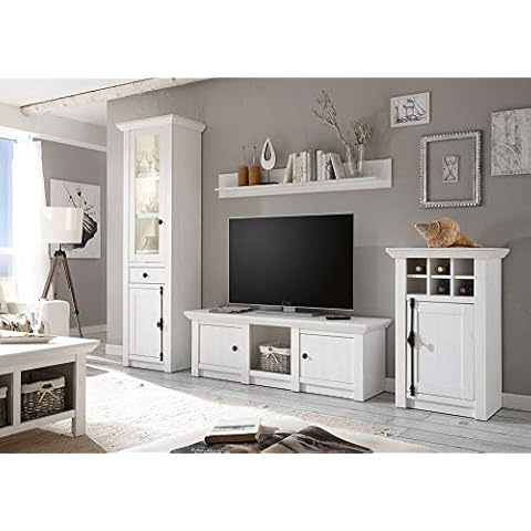 Newfurn Wohnwand Anbauwand Landhaus Wohnzimmerschrank Wohnlandschaft Mediawand Fernsehschrank II 278x207x 17-45 cm II in Pinie Weiß/Pinie Weiß Wohnzimmer Cover