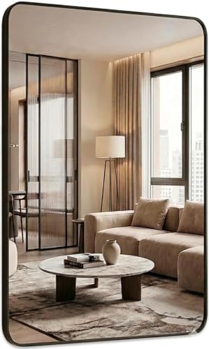 Marctani Espejo Pared Rectangular con Marco de Aluminio Negro, Espejos Decorativos de Pared Biforma (Vertical/Horizontal), Cristal HD de 2.8cm para Baño, Salón o Dormitorio