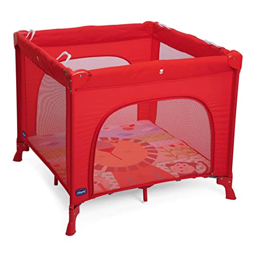 Chicco Open Box Parque de bebé de 0 meses a 15 kg, parque dobrável e compacto, parque de jogos com tapete removível, janelas de malha, 4 asas e bolsa de transporte, cor vermelha (Lion)