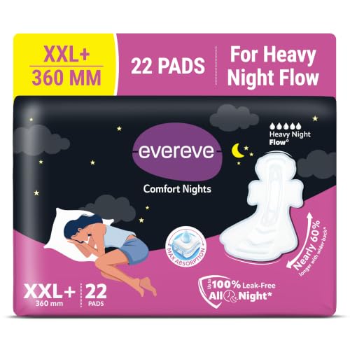 Image of Evereve Comfort Nights Sanitary Pads XXL+ 360mm, 22 Pads, 60% Longer with Wider back For All Night Care, Heavy Night Flow Absorption, Up to 100% Leak Protection, Rash-Free Breathable Comfort