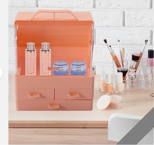 Makeup Organizer Box Cosmetic Storage Modern Cosmetic Storage Holder Portable Handle Fully Open Waterproof Lid Dustproof Drawers Great for Bathroom, Dresser, Countertop (Baby Pink)
