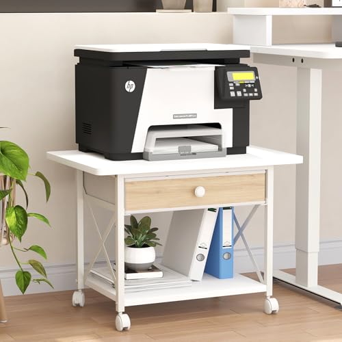 fineway 2-Ebene Druckertisch mit Rollen, 60x40x43cm Druckerständer Schreibtisch mit Stoffschubladen, Multifunktional Druckerwagen, Mobil Drucker Regal für Büro Zuhause Office Schule