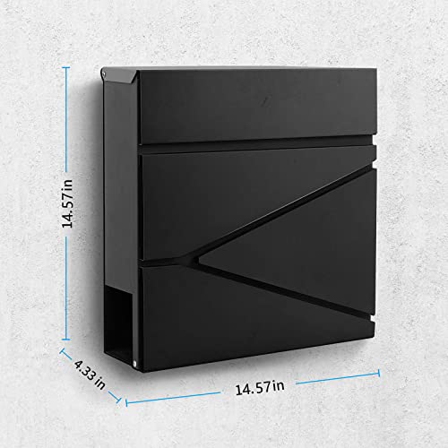 Image of Wall-Mount Mailbox for House Outside, Security Key Drop Box with Lock and Keys, Steel Metal Mail Box with Newspaper Compartment, 14.57 x 14.57 x 4.33 Inch, Black, MD021 X-Large