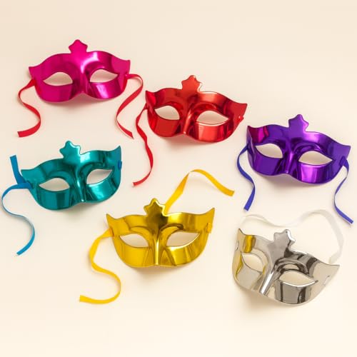 Image of AMFIN (Pack of 6 Metallic Eye Masks for Kids & Adults - Multicolor Masquerade Party Masks - Shiny Costume Masks for Birthday Parties, New Year Celebration, Baby Shower