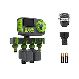 Agromato Automatic 4-Zone Drip Irrigation Timer System | with 2 Solenoid Valves and Universal Adapter | AA Batteries Included (2 Solenoid Valves Included)