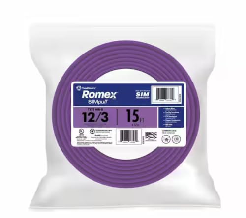 Southwire 63947826 Romex SIMpull NM-B Cable, Purple Jacket, 12-3 AWG, 600V, 15 Feet
