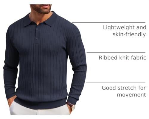 Camisetas Polo de Manga Larga para Hombre COOFANDY, suaves y ligeras, tejido texturizado, cuello ribeteado, ajuste slim, estilo casual y elegante miniatura 4