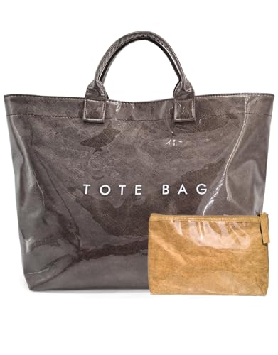 LuxMall Trendy PVC Tote Bag for Women, Kraft Paper The Letters Print Designer Tote Bag Large Hobo Handbag Kelly Bag with Top Handle for Work Travel Shopping Beach, Coffee Brown