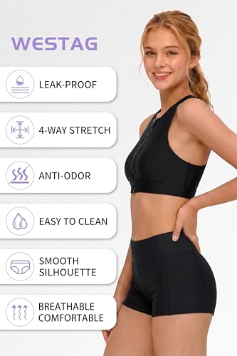 Image of Period Swimwear Sporty Two Piece Menstrual Leakproof Swimsuit Zipper Boyshort Bikini Sets for Teen Girls