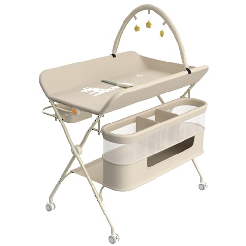 MUL-BOUTIQUE Table a Langer Pliante avec Panier de Rangement,Structure en Fer Charge Max 25KG,Réglable en Hauteur,Table à Langer Mobile pour Nouveaux-Nés,80 * 73 * 94 cm (Blanc crème)