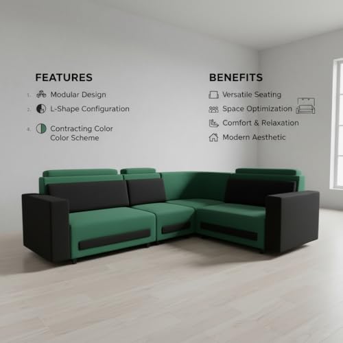 Image of APRODZ Wooden Sofa Set 6 Seater for Living Room, Solid Wood L Shape Sectional Sofa with Velvet Fabric Upholstery, Cushioned Seating for Home, Office & Lounge, Dark Green & Black