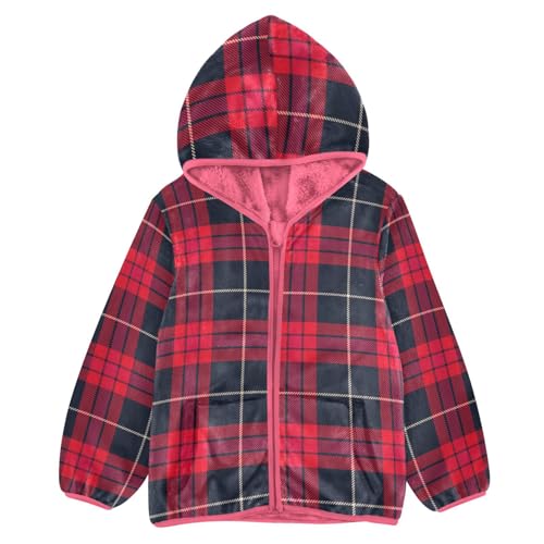 GuoChe Red Cream Buffalo Plaid Tartan Check Scotland Merry Christmas Girls Sherpa Jacket With Hood