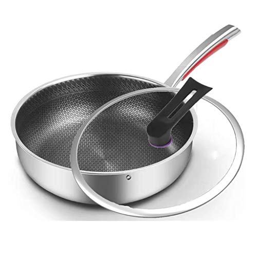 SH-chaoguo Fry Wok/Frying Pan/316 Stainless Steel Cooking Pan/Uncoated Non-Stick Pan with Lid, for Induction Cooker, Gas Stove (28/30 Cm) (Size : 30cm)
