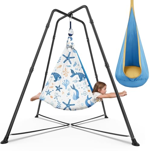 Heavy-Duty X-Shaped Swing Frame Swing Stand with Sensory Swing & Pod Swing 330 lbs Capacity Indoor & Outdoor Sensory Swing Set for Kids & Adults (Fish Print)