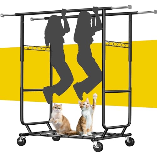 Raybee Clothes Rack Load 630LBS, Heavy Duty Clothes Rack, Rolling Clothing Racks for Hanging Clothes with Wheels, Adjustable & Commercial Garment Rack, 22" D x 75" W x 68" H, Black
