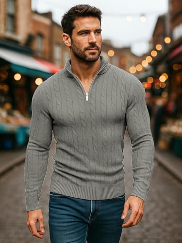 Image of TYSORT Men High Neck Zipper Full Sleeve Cable Knitted Winter Sweater,Cable Knit Sweater for Men