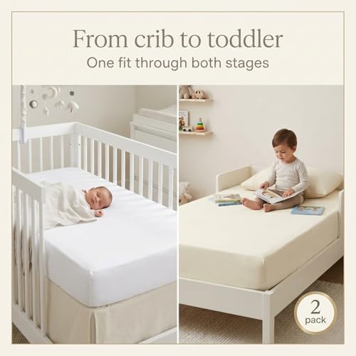 Image of Everyday Kids 2-Pack Fitted Crib Sheets, 100% Soft Breathable Microfiber Baby Sheet, Fits Standard Size Crib Mattress 28in x 52in, White Nursery Sheet and Beige Nursery Sheet