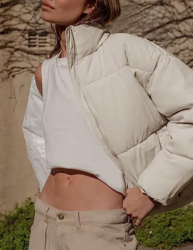 Wyeysyt Women's Winter Zip Cropped Puffer Jacket Long Sleeve Warm Short Down Coats Stand Collar Quilted Jacket with Pockets(Khaki-M)4