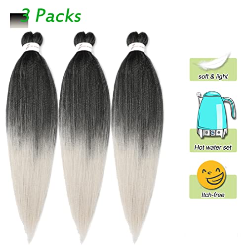 Braiding Hair Pre Stretched Ombre Braiding Hair 30 Inch Pre Stretched Braiding Hair Extensions 3 Packs Natural Gray Hot Water Setting Braiding Hair Soft Yaki Braiding Hair (30 Inch (Pack Of 3), 1B/Silver#) #TOP2