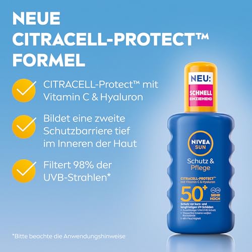 NIVEA SUN Schutz & Pflege Sonnenspray LSF 50+, wasserfestes Sonnencreme Spray mit Vitamin C & Hyaluron, schnell einziehender Sonnenschutz für 48h Feuchtigkeit (200 ml)